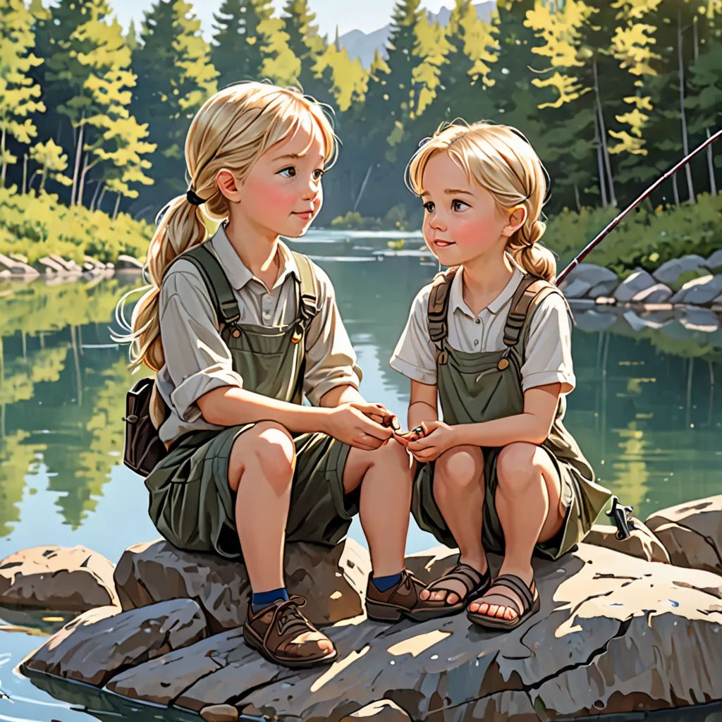 two children sitting on a rock near a river and fishing on a rod with a rod in the other hand, socialist realism, a detailed painting, Brothers Hildebrandt, official art