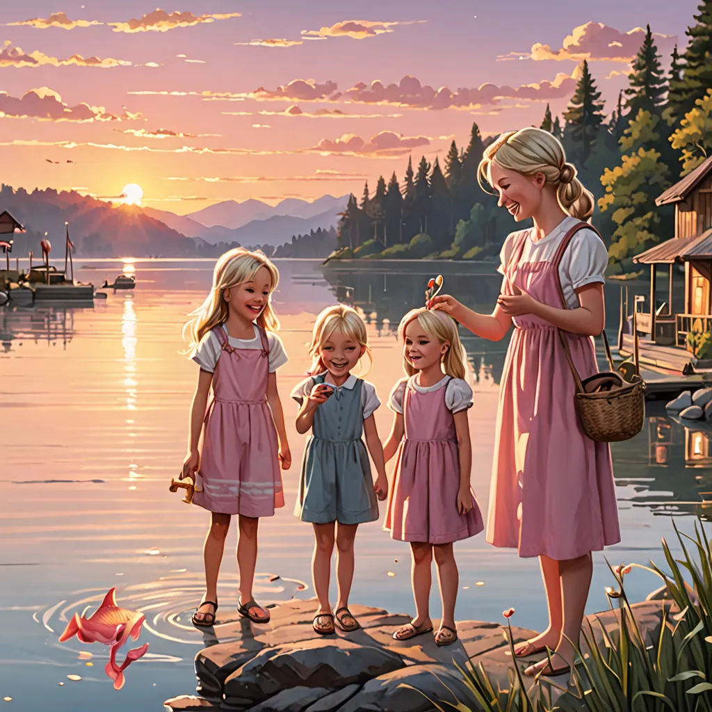 a painting of three girls standing on a dock with a lake in the background and a sunset in the background, american scene painting, a storybook illustration, Brothers Hildebrandt, official art