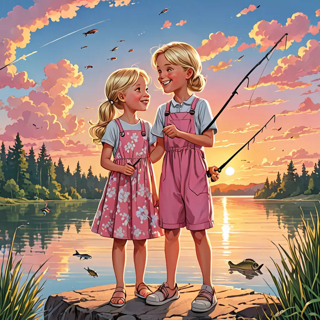 two little girls standing on a rock with a fishing rod in their hands and a fish in their hand, american scene painting, a storybook illustration, Bob Byerley, highly detailed digital painting