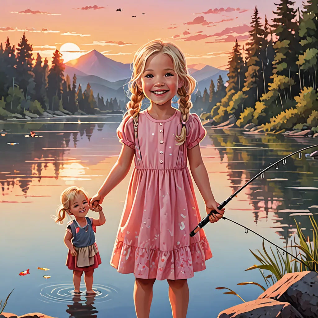 a painting of a girl and a girl fishing together in a lake at sunset with a mountain in the background, american scene painting, a storybook illustration, Bob Byerley, highly detailed digital painting