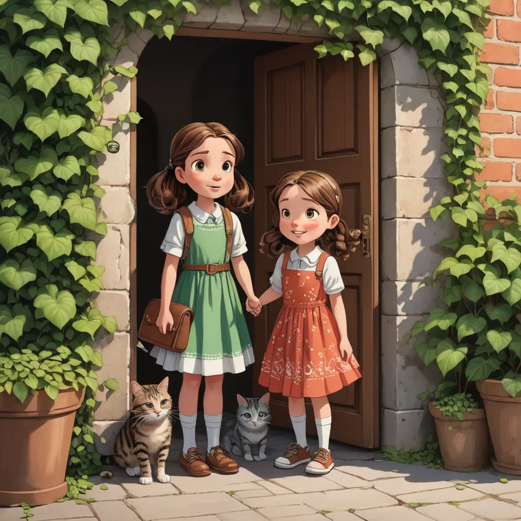 a painting of two girls standing in front of a doorway with a cat and a cat behind them,, magical realism, a storybook illustration, Brothers Hildebrandt, storybook illustration