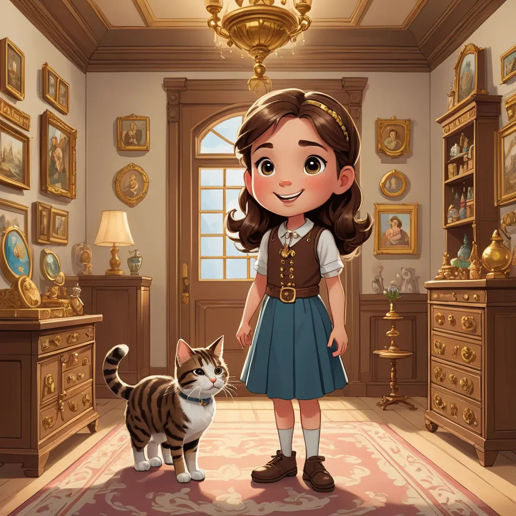 a girl and a cat in a room with a chandelier and a picture of a cat on the wall, paris school, a storybook illustration, Anne Said, storybook illustration