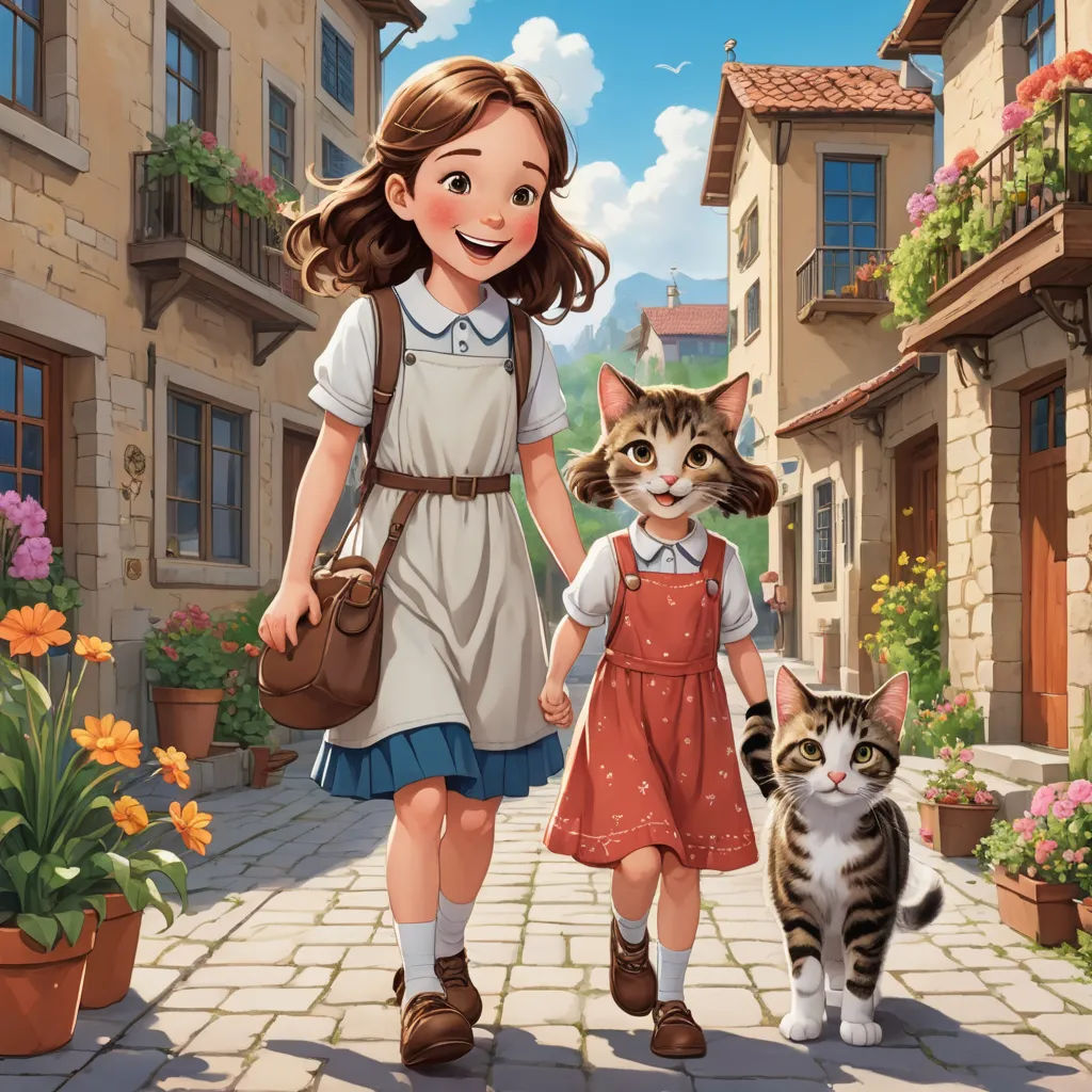 a girl and a cat walking down a street together in front of a house with flowers and a cat, furry art, a storybook illustration, Bob Byerley, official art