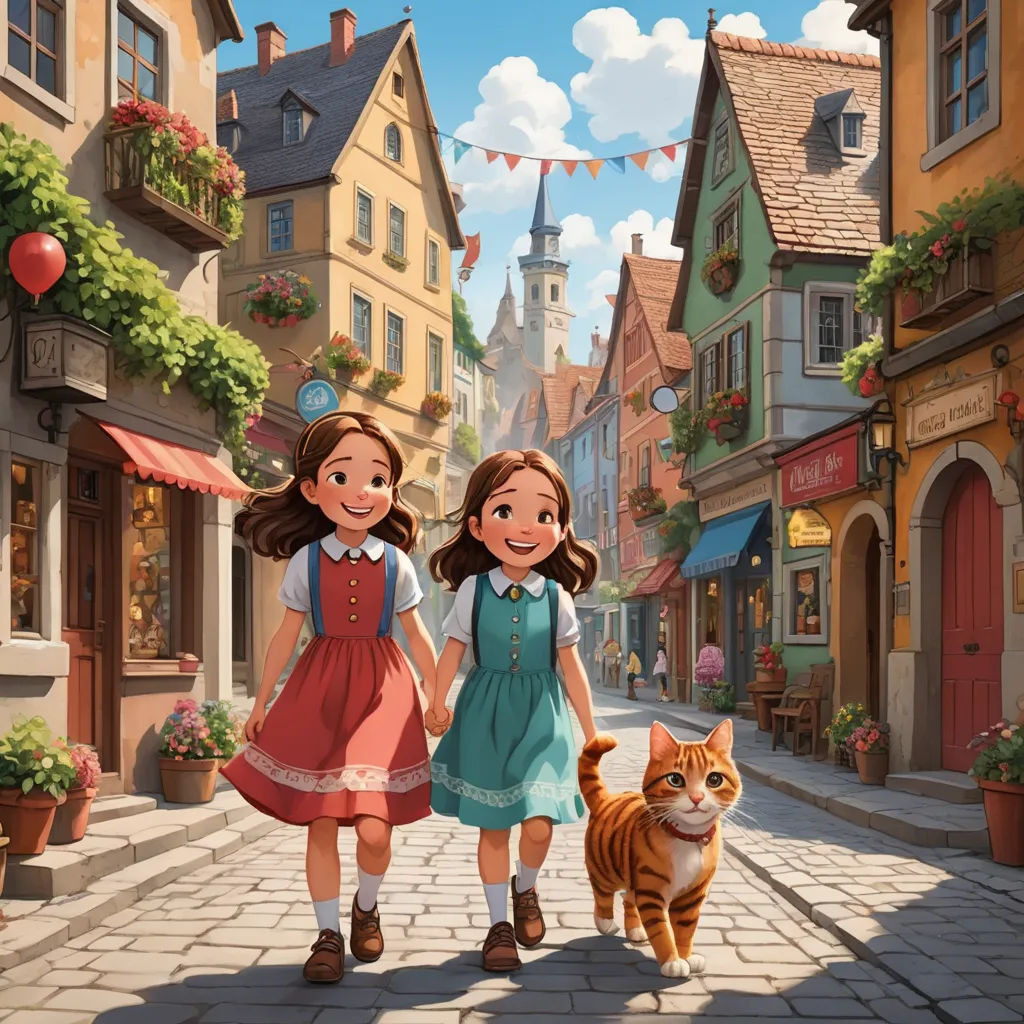 two girls walking down a street with a cat on a leash in front of them and a cat on the sidewalk, kitsch movement, a storybook illustration, disney, official art