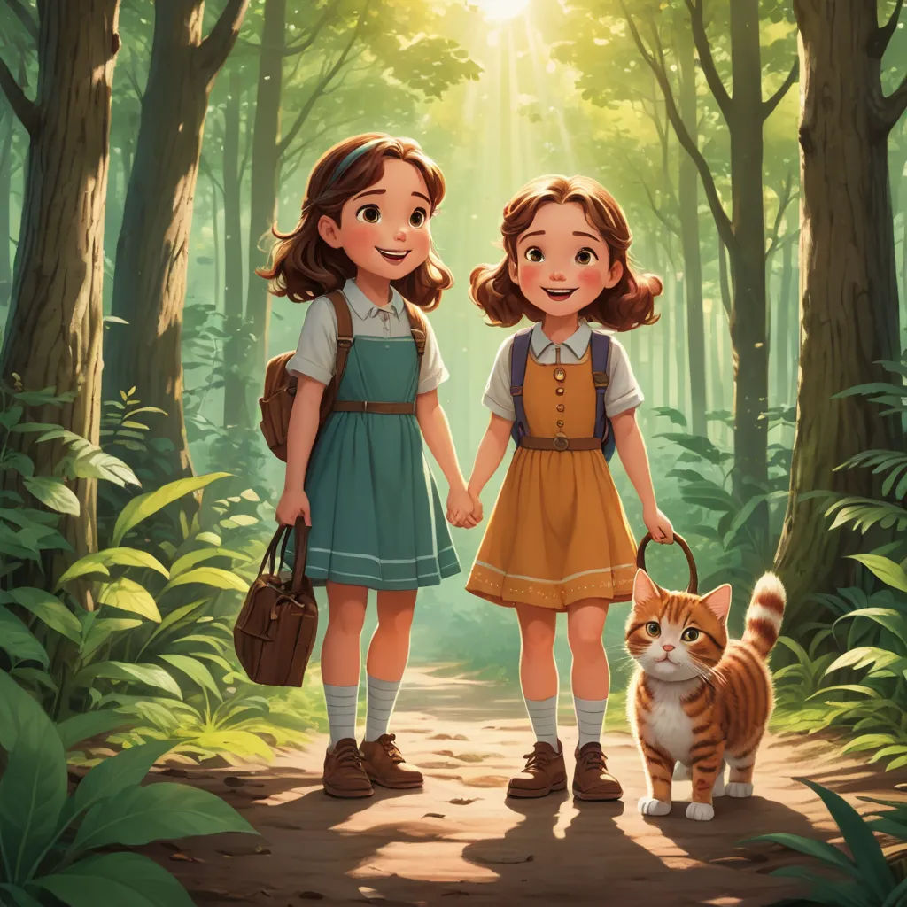 two children holding hands and walking in the woods with a cat on a leash and a cat on a leash, sots art, a storybook illustration, Anne Said, official art