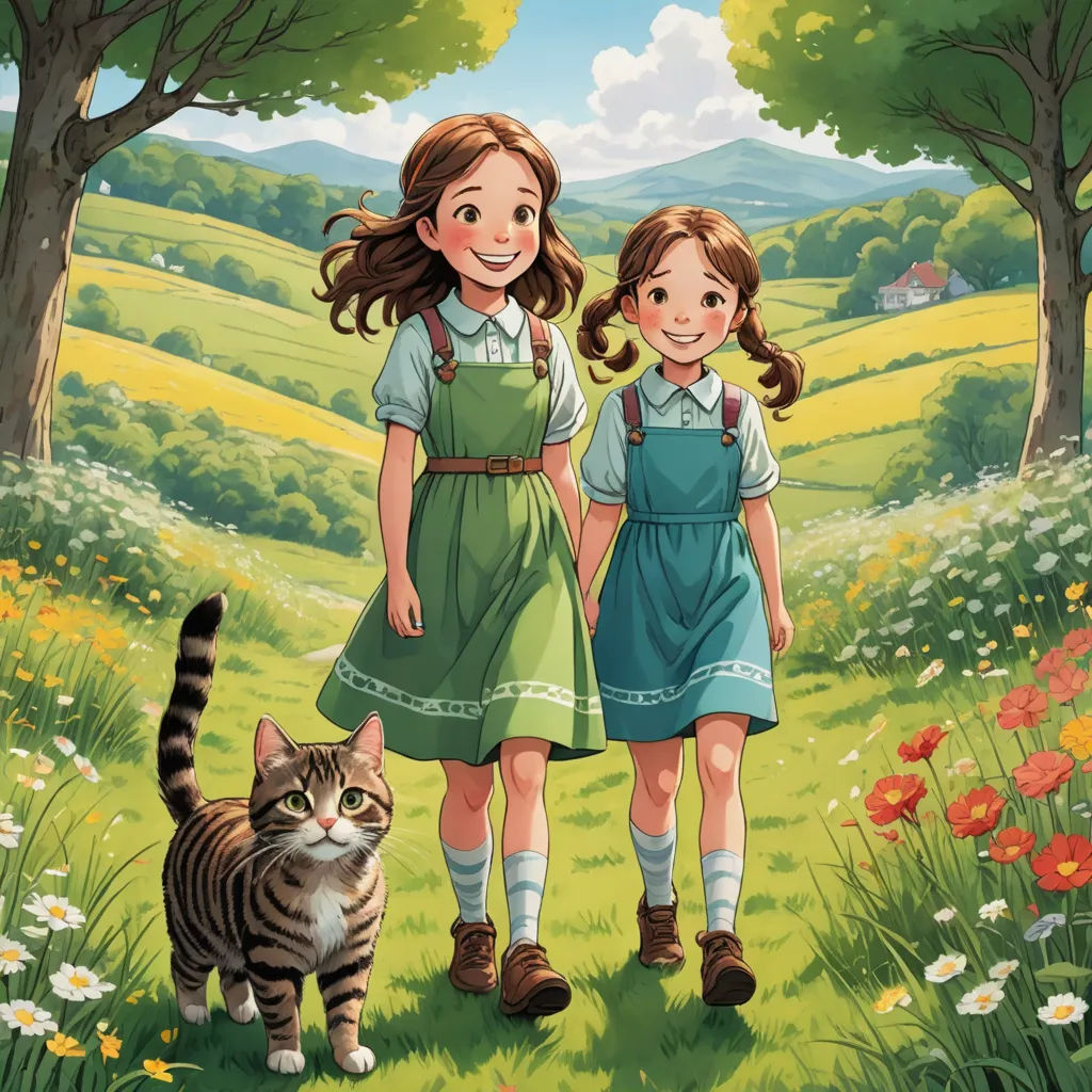 a painting of two girls and a cat in a field with flowers and trees in the background, with a green field with flowers and a house in the background, serial art, a storybook illustration, Anne Said, official art