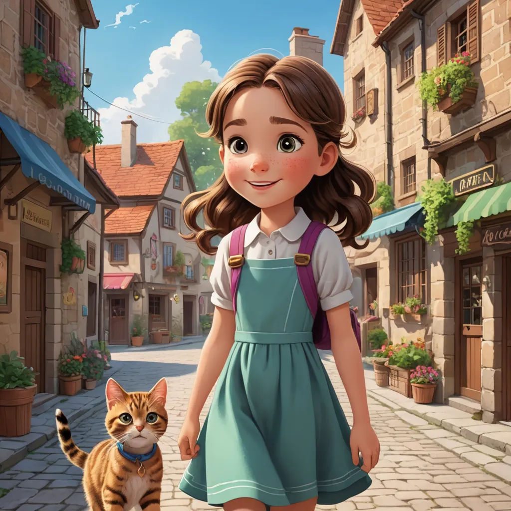 a girl in a blue dress and a cat on a cobblestone street in a cartoon style, with a small town in the background, paris school, a storybook illustration, Anne Said, official art