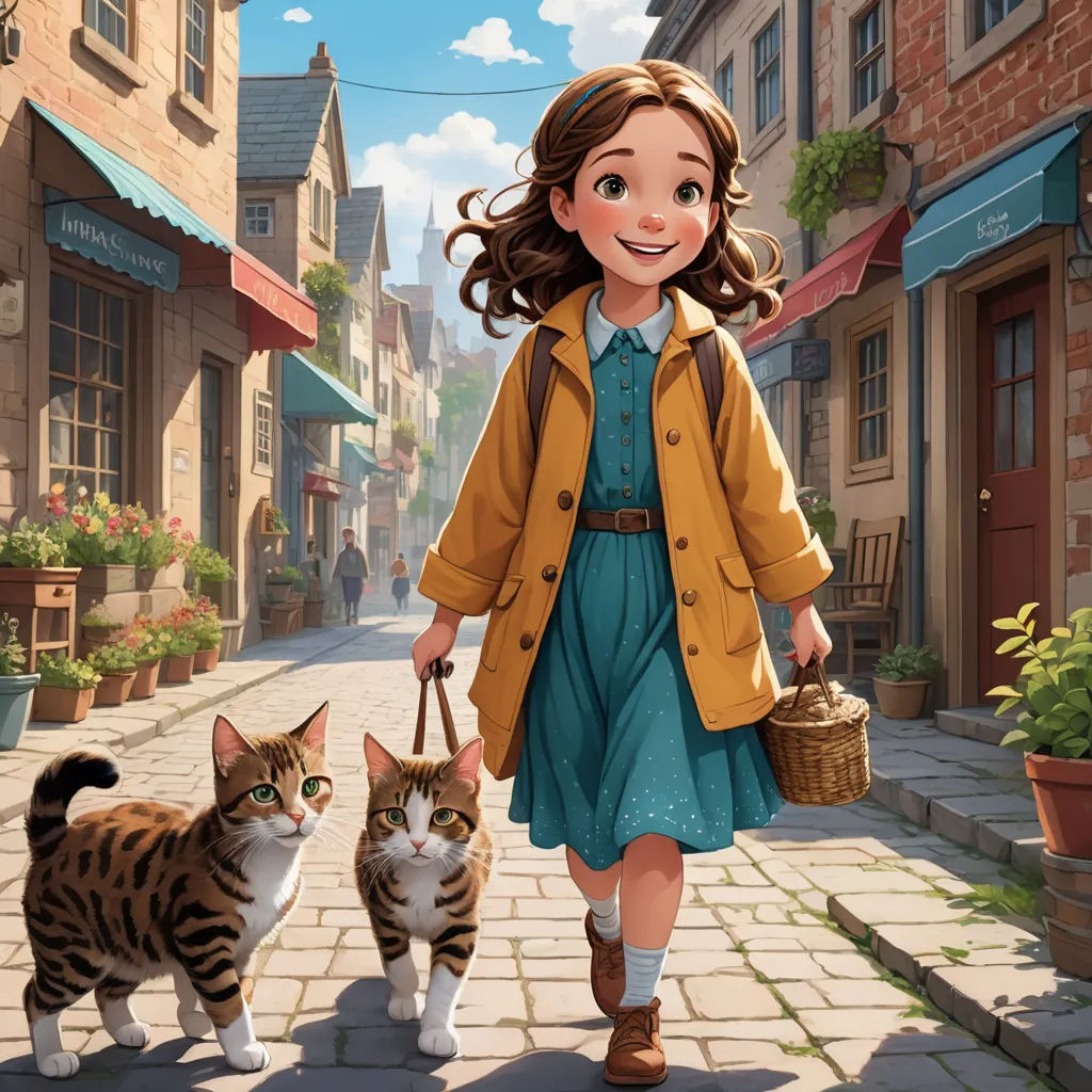 a girl walking down a street with a cat and a basket of food in her hand and a cat walking behind her, furry art, a storybook illustration, Bob Byerley, official art