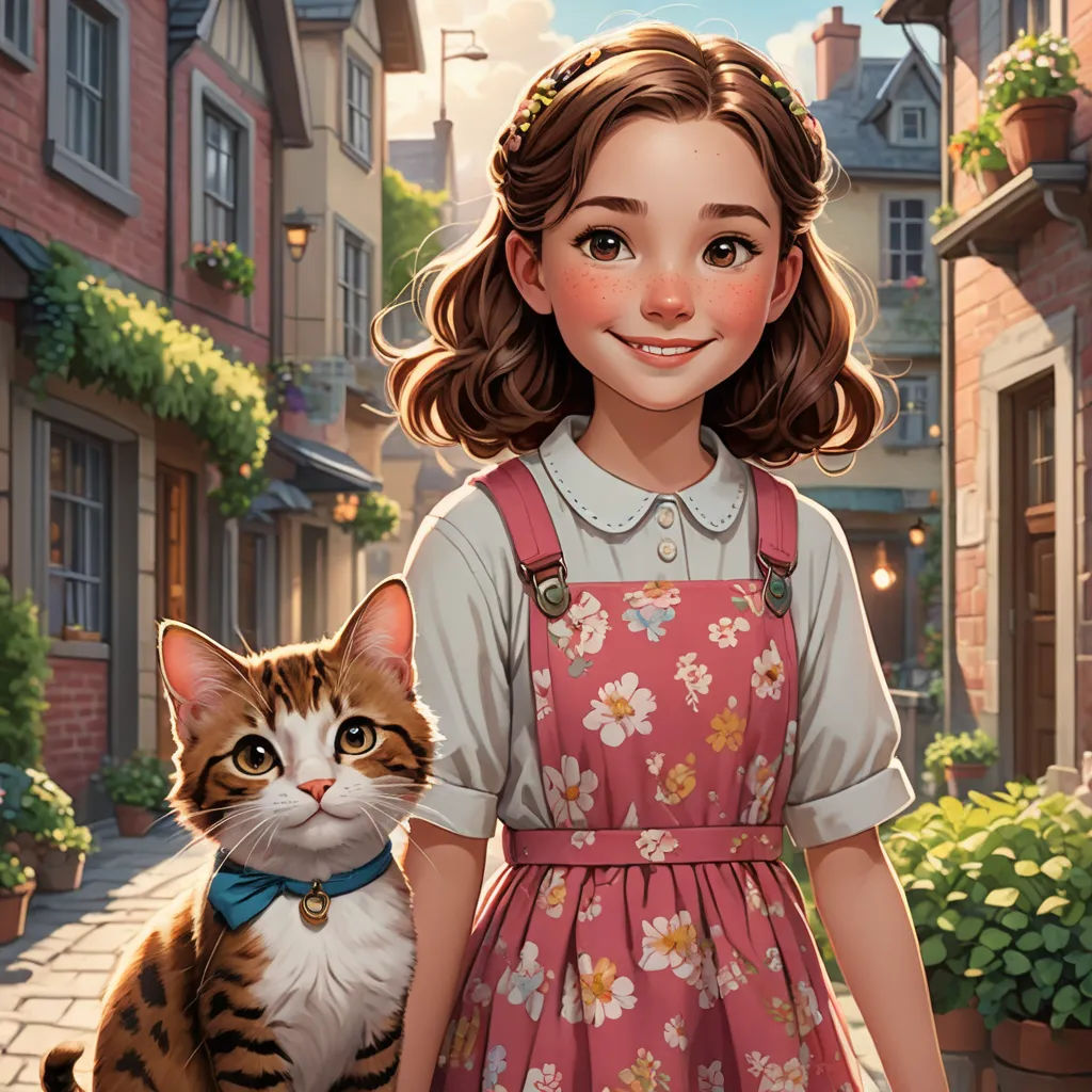 a girl in a dress holding a cat in front of a street with flowers and buildings on both sides, furry art, a storybook illustration, Anne Said, kinkade