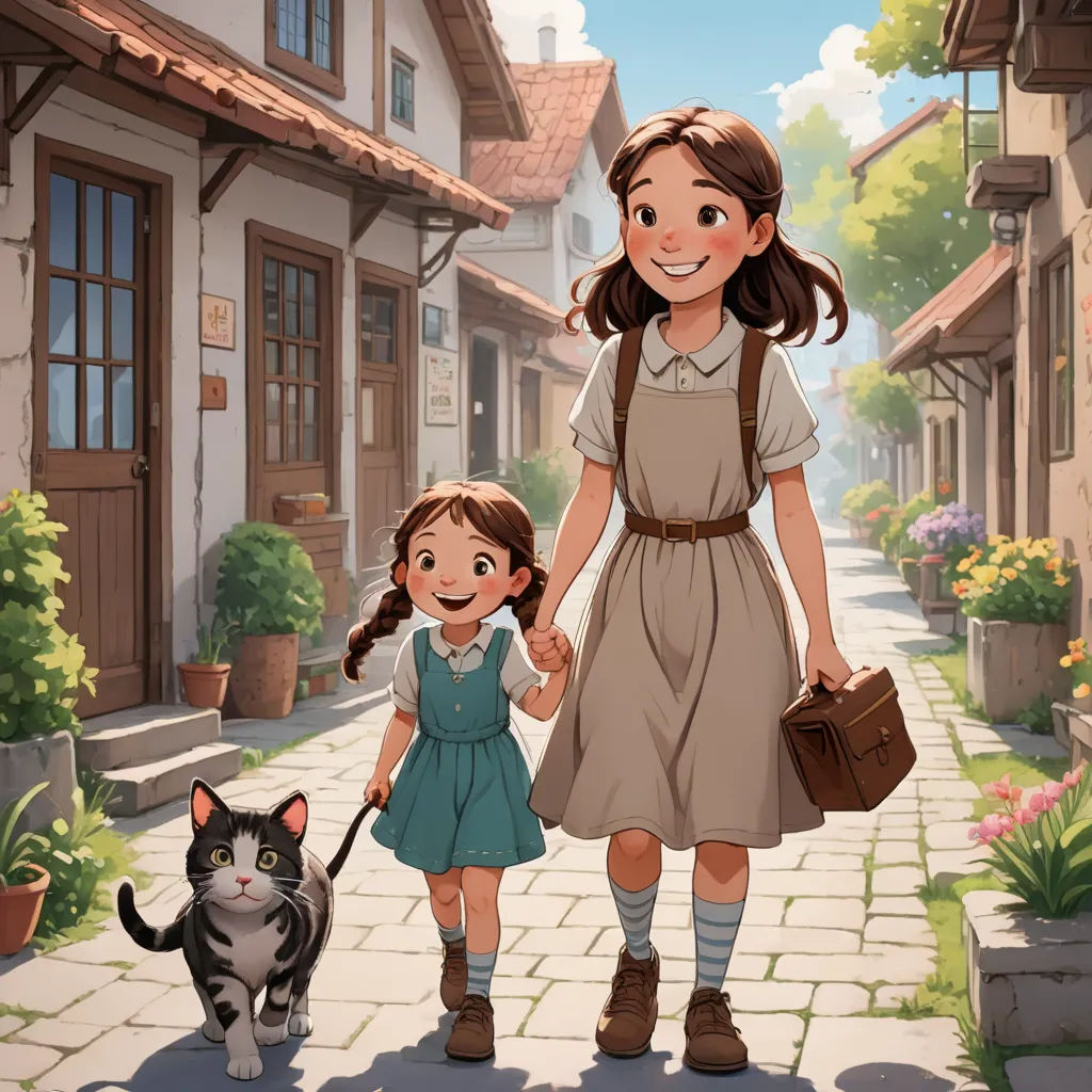 a girl and a cat walking down a street together, with a house in the background and a cat on the sidewalk, furry art, a storybook illustration, Anne Said, official art