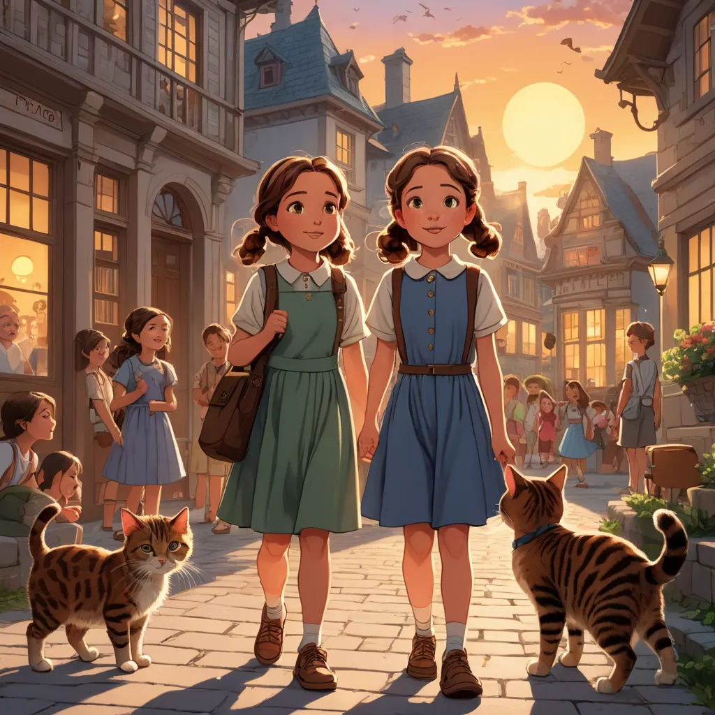 a couple of kids standing next to a cat on a street near a building with a cat on the ground, magical realism, a storybook illustration, Brothers Hildebrandt, rossdraws global illumination