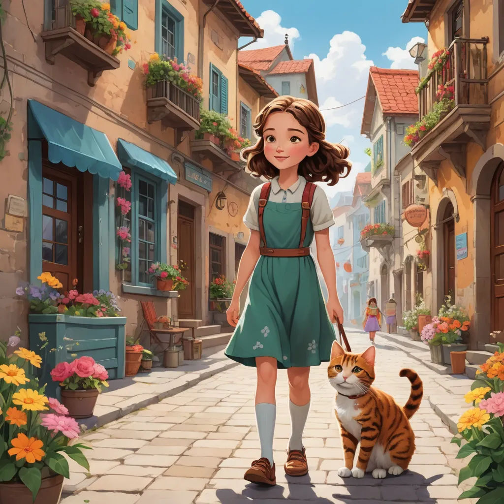 a girl in a green dress is walking a cat in a town street with flowers and buildings on either side, magic realism, a storybook illustration, Anne Said, official art