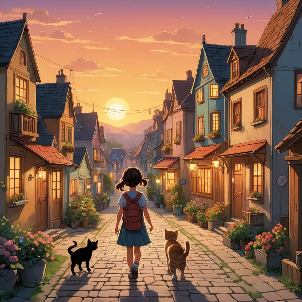 a girl walking down a street with two cats on a leash next to her and a dog on the other side, magical realism, a storybook illustration, Evgeny Lushpin, ghibli