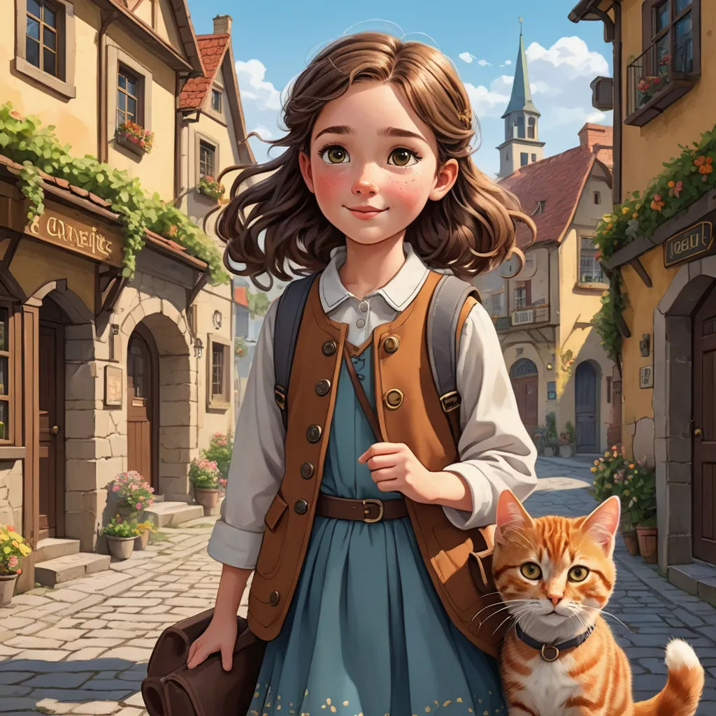 a girl in a dress and a cat in a street with buildings and flowers on the side walk and a cobblestone street, fantasy art, a storybook illustration, Anne Said, storybook illustration