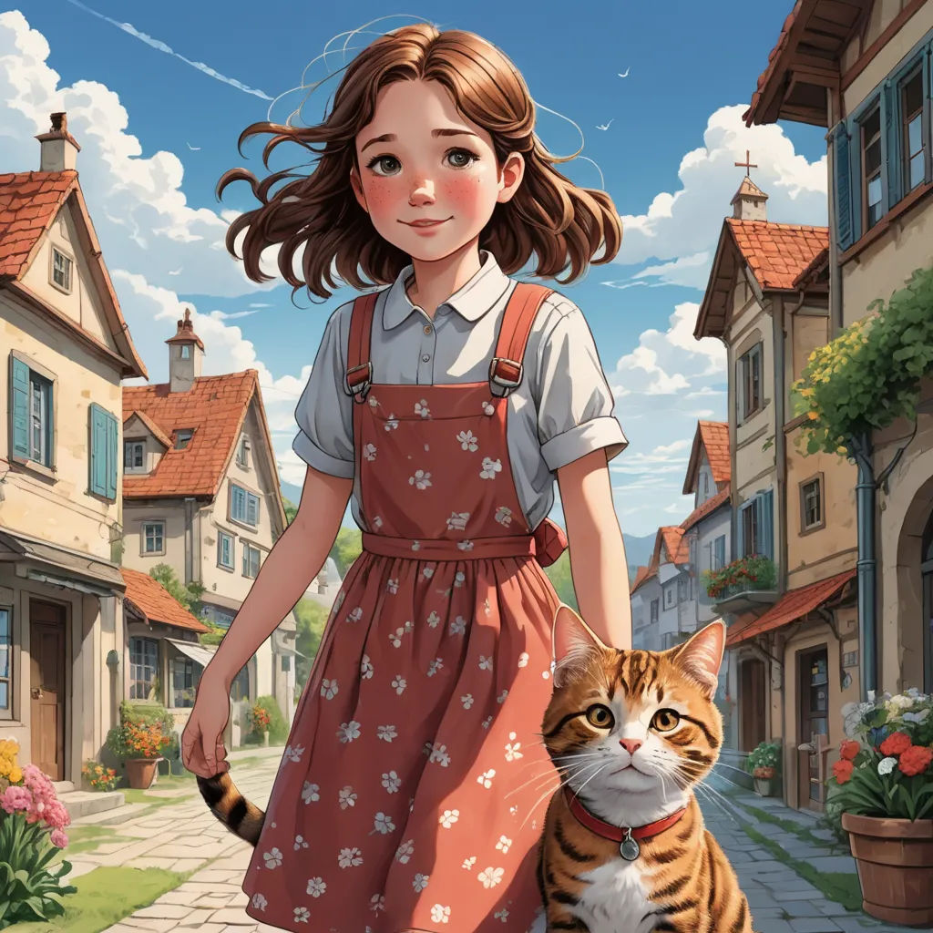 a girl in a dress is holding a cat in a street with houses in the background and a cat standing on the sidewalk, furry art, a storybook illustration, Cliff Childs, trending on art station