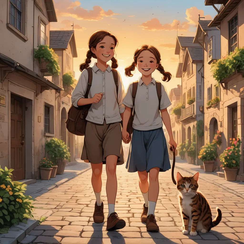 a couple of kids walking down a street with a cat on a leash next to them and a cat on the ground, magical realism, a storybook illustration, Brothers Hildebrandt, official art