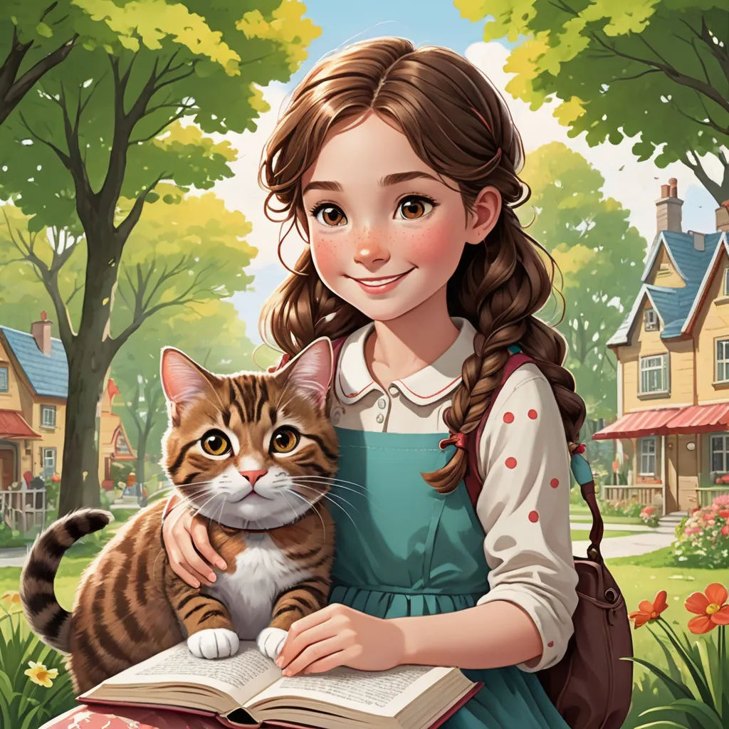 a girl holding a cat while sitting on a bench in front of a house and a book in her hands, naive art, a storybook illustration, Elinor Proby Adams, storybook illustration