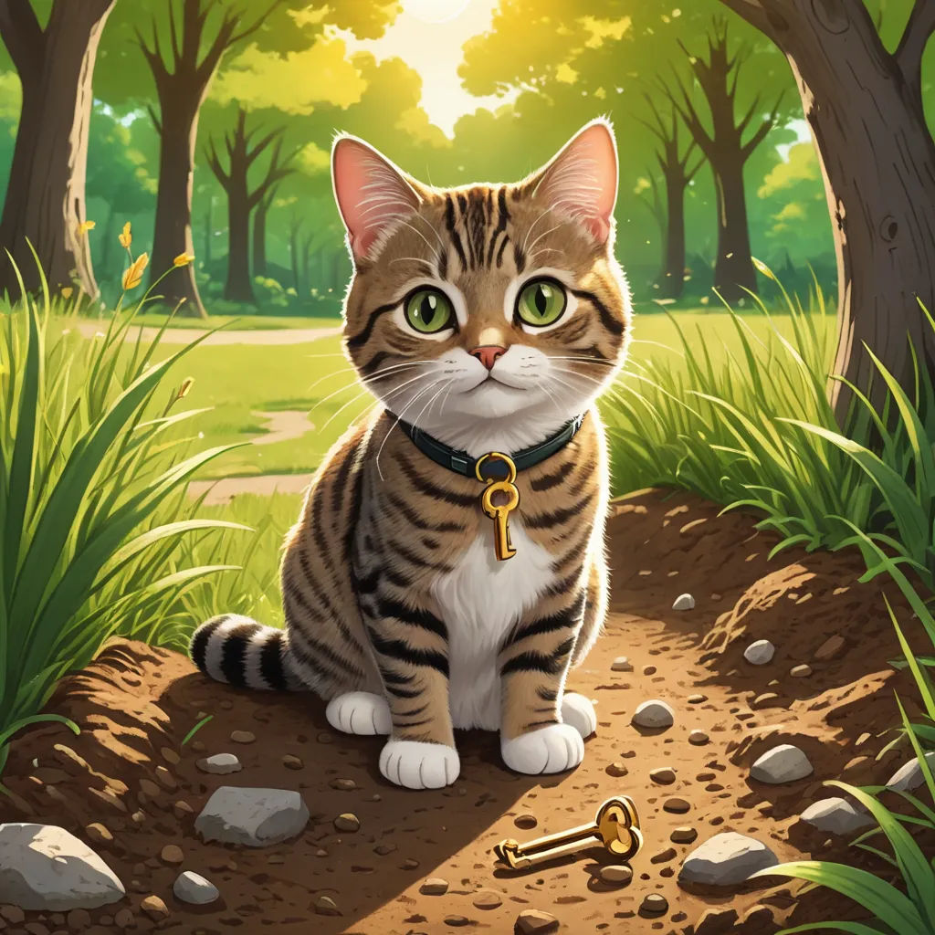 a cat sitting on a dirt path in a forest with a key in its mouth and a keychain around its neck, sots art, a character portrait, Chris LaBrooy, key art