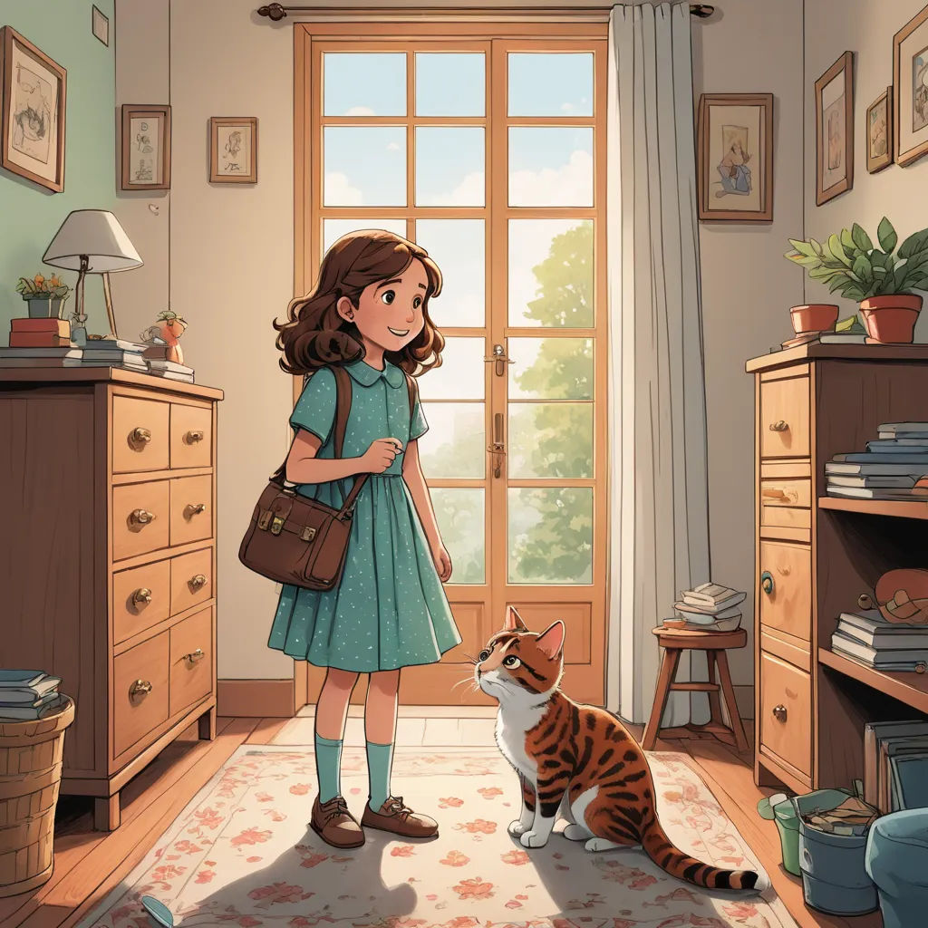 a girl in a blue dress standing next to a cat in a room with a window and a dresser, paris school, a storybook illustration, Diego Gisbert Llorens, official art