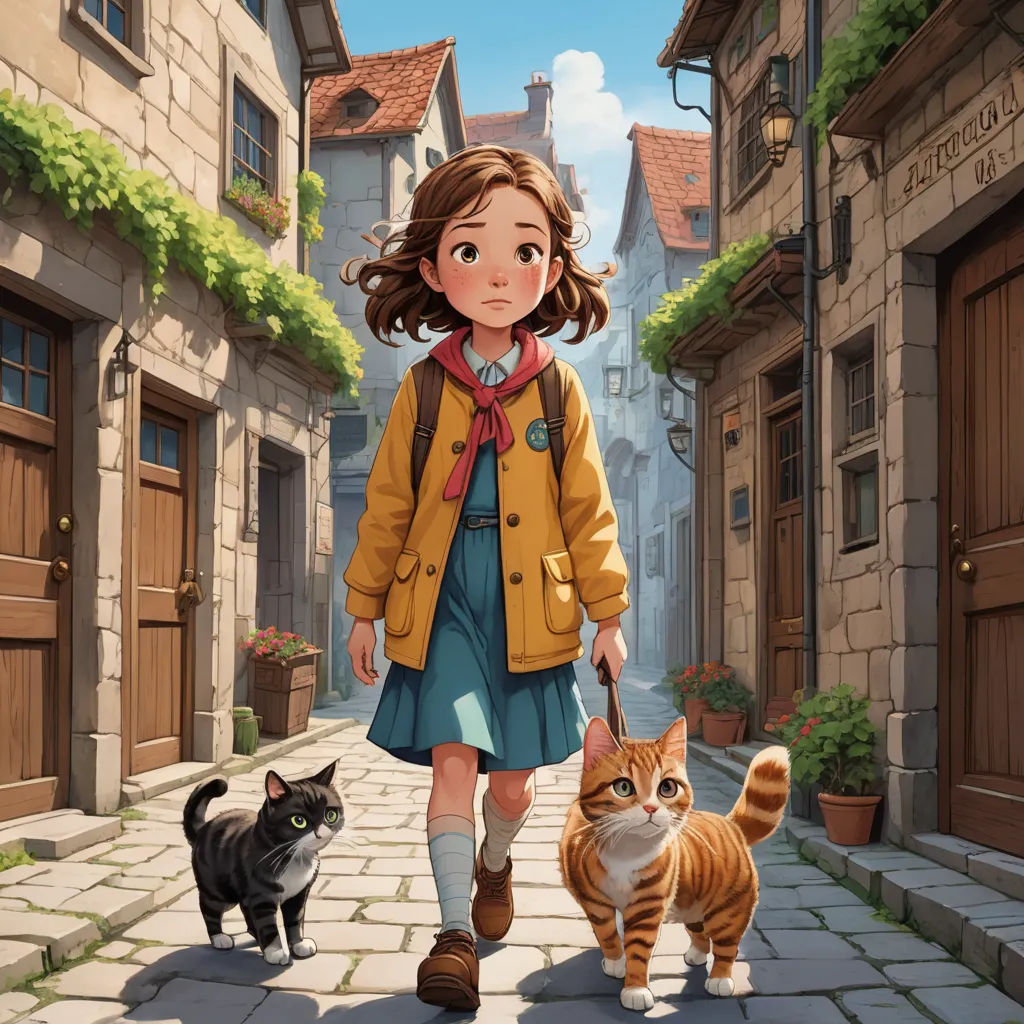 a girl walking down a street with a cat and a cat on a leash behind her, and a cat on the ground, paris school, a storybook illustration, Diego Gisbert Llorens, official art