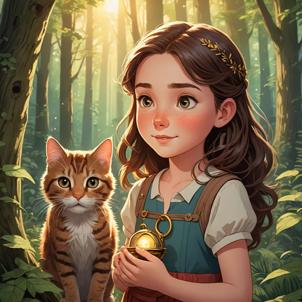 a girl holding a cat in a forest with a light shining on her face and a key in her hand, fantasy art, a storybook illustration, Anne Said, storybook illustration
