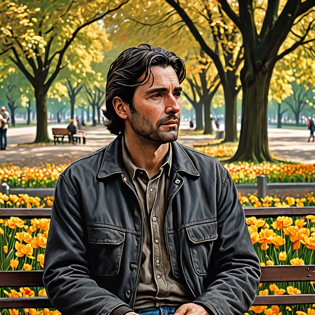 a man sitting on a bench in a park with yellow flowers in the background and a park bench with a man sitting on it, figurative art, a photorealistic painting, Aaron Jasinski, extremely detailed oil painting