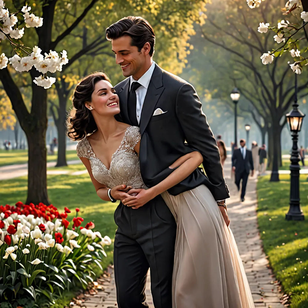 a man and woman are hugging in a park with flowers in the background and a man in a suit and tie is standing next to a woman, neo-romanticism, a stock photo, Christian Hilfgott Brand, promotional image