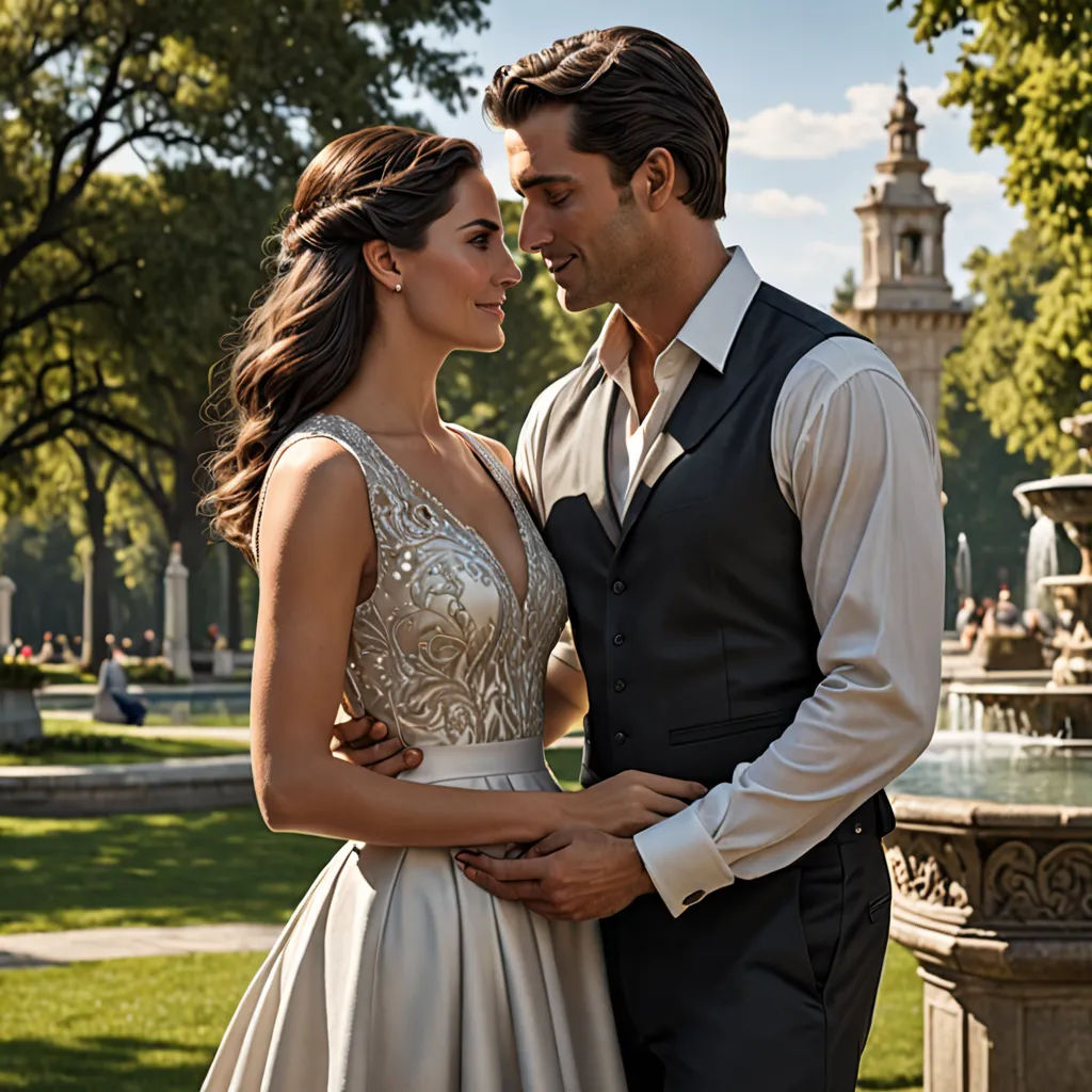 a man and a woman standing next to each other in front of a fountain in a park with a fountain in the background, romanticism, a poster, Araceli Gilbert, promotional image