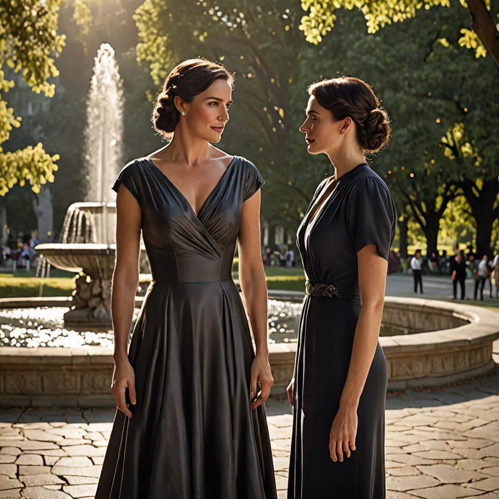 two women in formal wear standing in front of a fountain in a park with trees and people in the background, magic realism, a marble sculpture, Christian Hilfgott Brand, promotional image