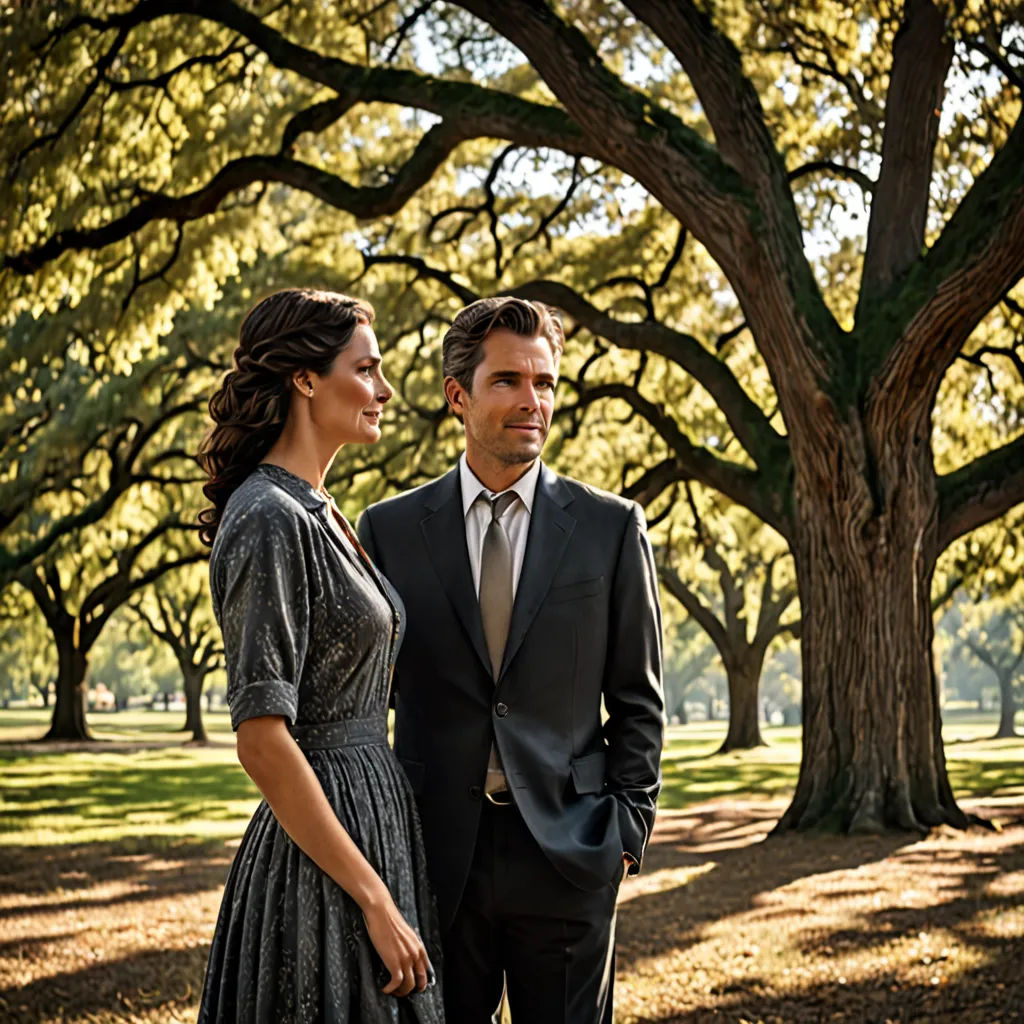 a man and a woman standing in front of a tree filled park with lots of leaves on the ground, american impressionism, a colorized photo, Alexander Brook, promotional image