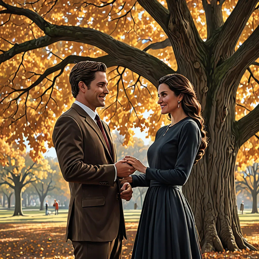 a man and woman standing under a tree in a park with leaves on the ground and a tree with yellow leaves, american scene painting, an oil painting, Edwin Georgi, official art