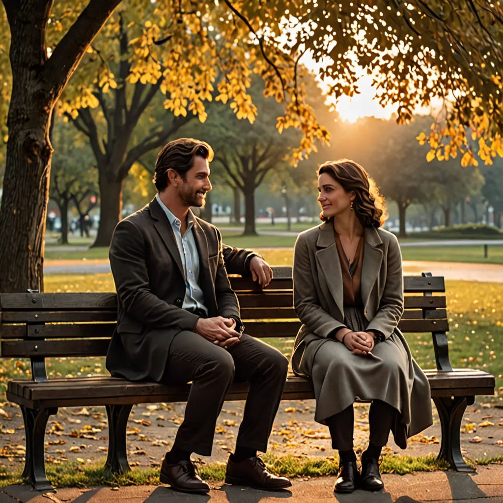 a man and a woman sitting on a bench in a park at sunset or sunrise time, talking and smiling, private press, a hologram, Florence Engelbach, promotional image