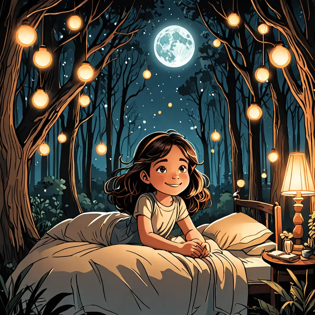 a little girl laying in bed under a full moon light in a forest with a lamp on the nightstand, fantasy art, a storybook illustration, Cyril Rolando, storybook illustration