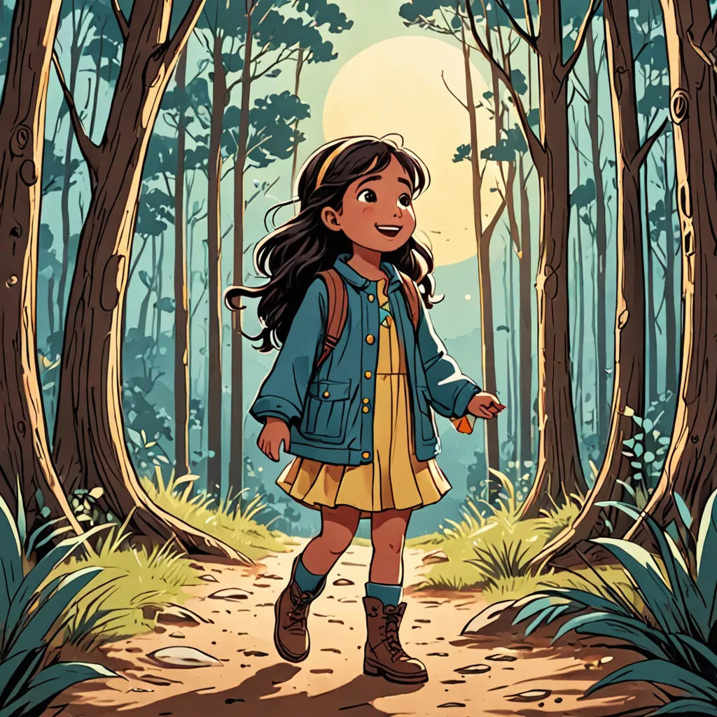 a girl in a blue jacket and yellow dress walking through a forest with trees and bushes on either side of her, process art, a storybook illustration, Diego Gisbert Llorens, comic cover art