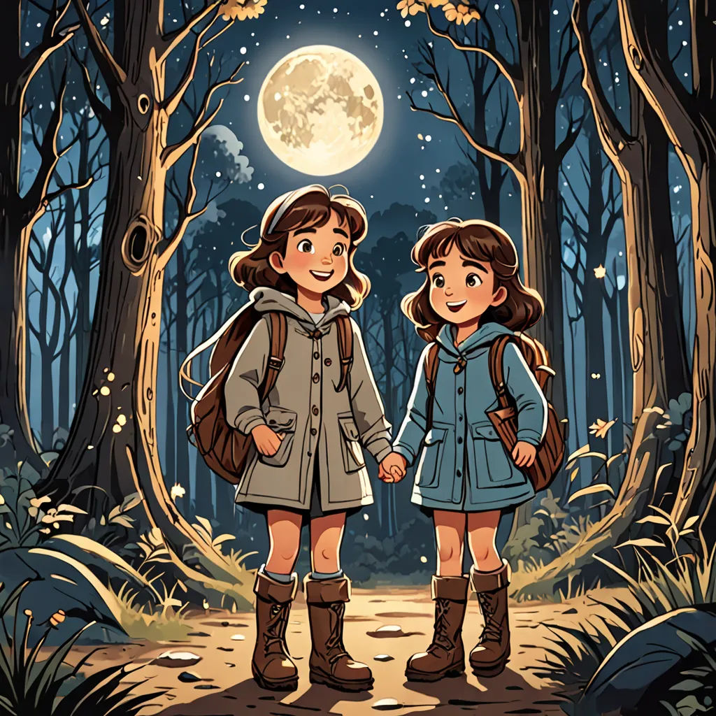 two girls standing in the woods at night with a full moon in the background and a forest path with trees and leaves, serial art, a storybook illustration, Diego Gisbert Llorens, comic cover art