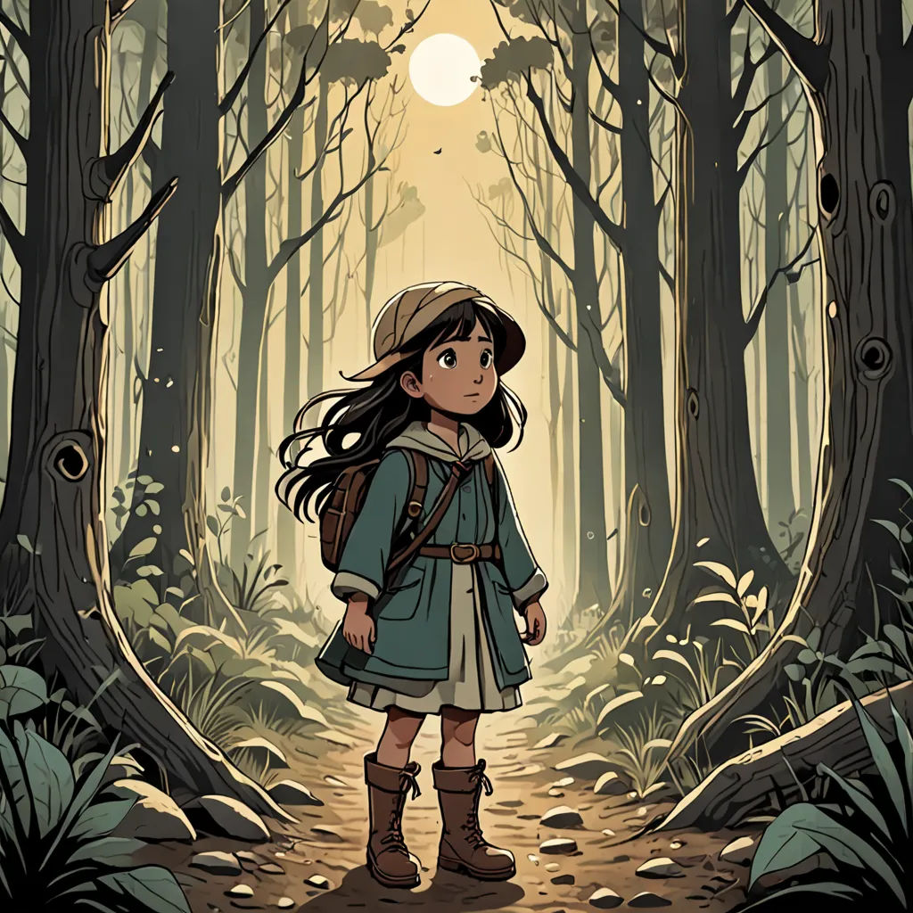 a girl in a forest with a hat and a backpack on her back standing in the middle of a path, process art, a storybook illustration, Cliff Childs, comic cover art