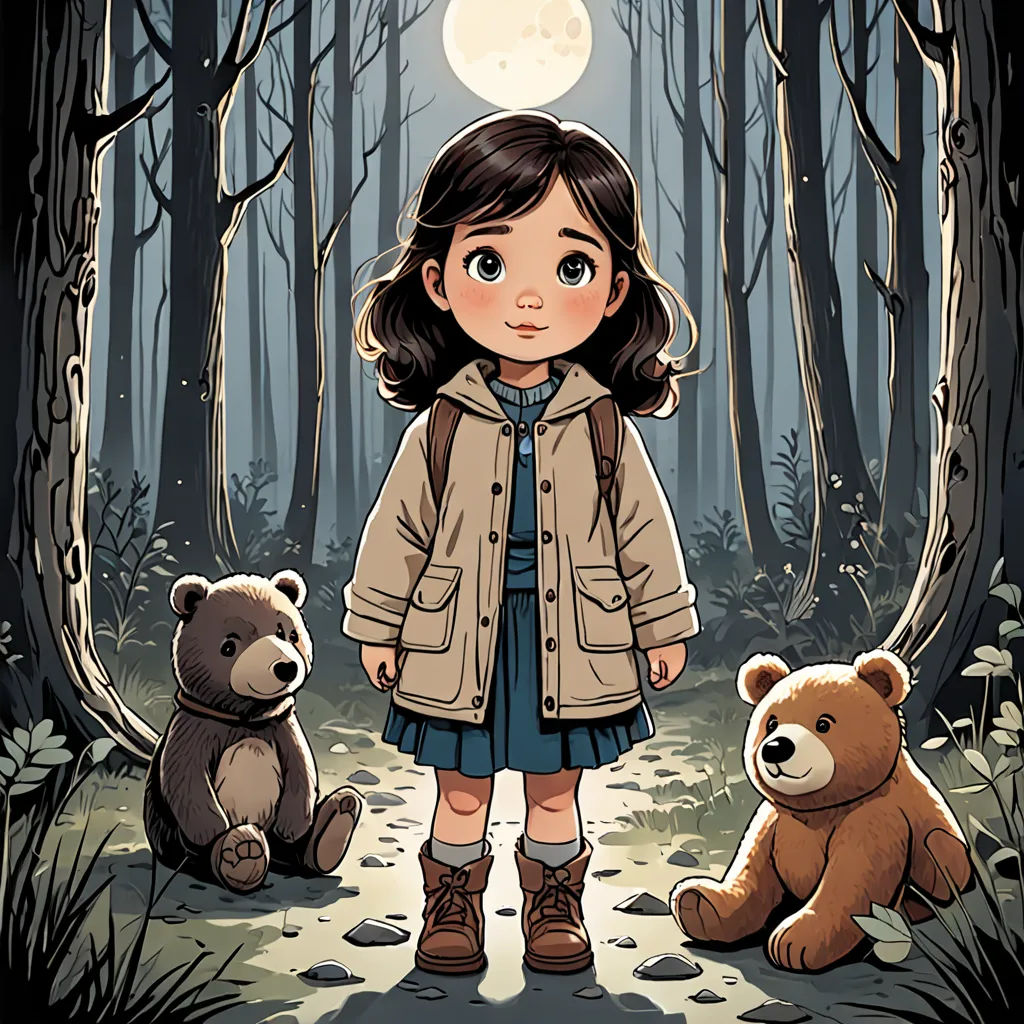 a girl standing in the woods with two bears next to her and a full moon above her head,, serial art, a storybook illustration, Clarice Beckett, comic cover art