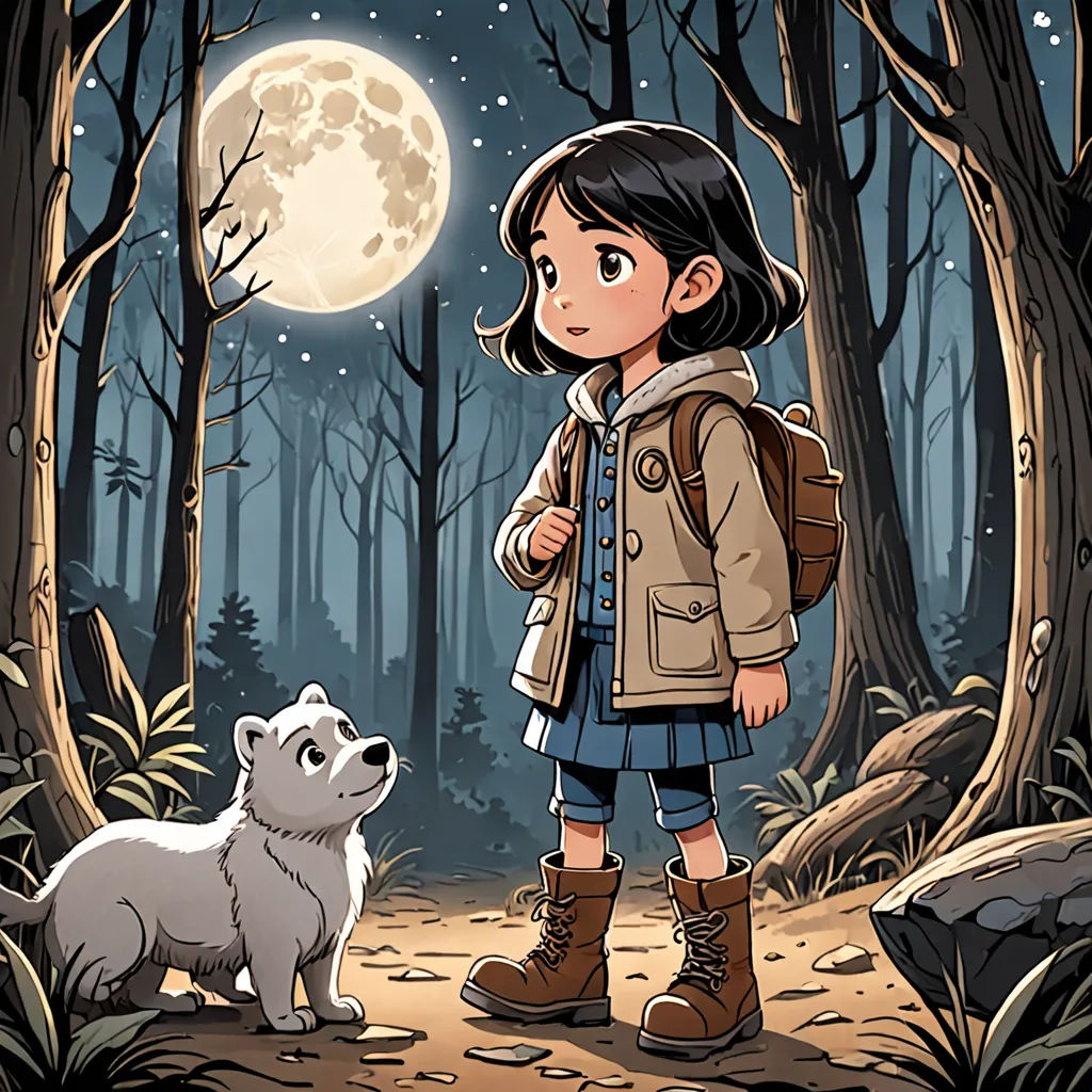 a girl standing in the woods with a dog looking at the moon in the distance with a full moon behind her, serial art, a character portrait, Choi Buk, comic cover art