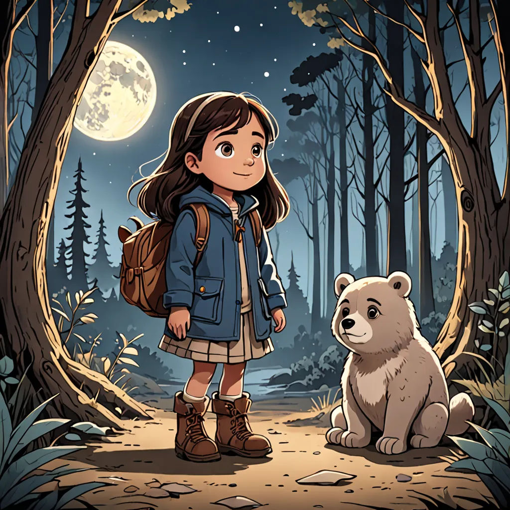a girl standing next to a bear in a forest at night with a full moon in the background and a forest scene with trees and a full moon, serial art, a storybook illustration, Cliff Childs, comic cover art