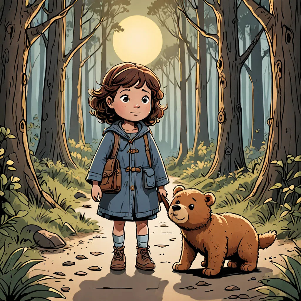 a little girl standing next to a brown bear in a forest with a sun in the background and a forest path, process art, a storybook illustration, Clarice Beckett, comic cover art
