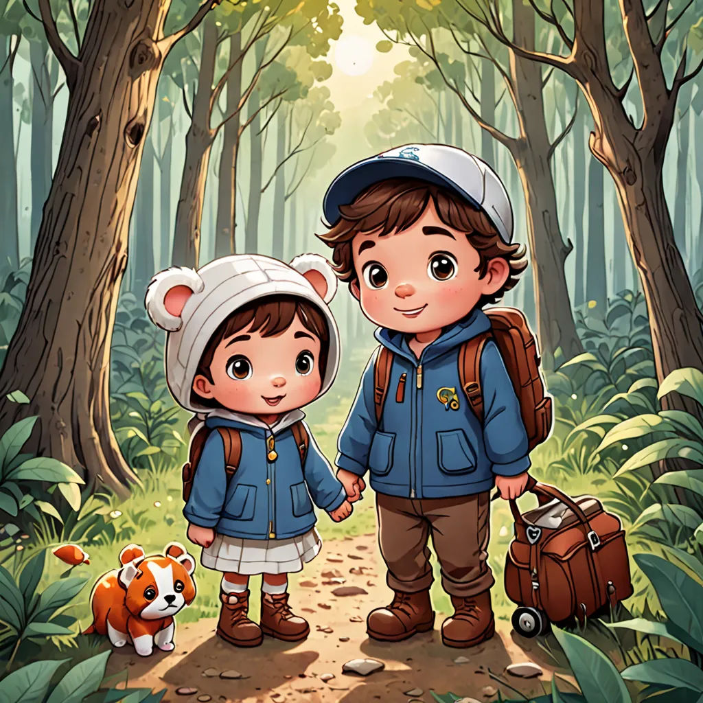 a boy and a girl are standing in the woods with a bear behind them and a dog behind them, lyco art, a storybook illustration, Diego Gisbert Llorens, storybook illustration