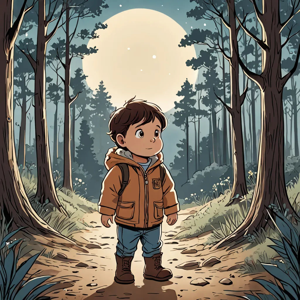 a boy standing in the middle of a forest with a full moon in the background and trees and bushes, serial art, a storybook illustration, Diego Gisbert Llorens, comic cover art