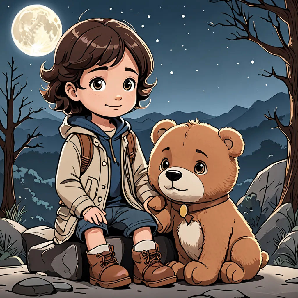 a boy sitting on a rock with a teddy bear in front of him and a full moon in the background, serial art, a character portrait, Diego Gisbert Llorens, key art
