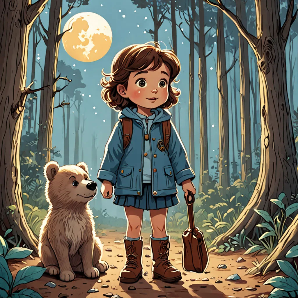 a little girl standing next to a bear in a forest with a full moon behind her and a teddy bear, process art, a storybook illustration, Diego Gisbert Llorens, storybook illustration
