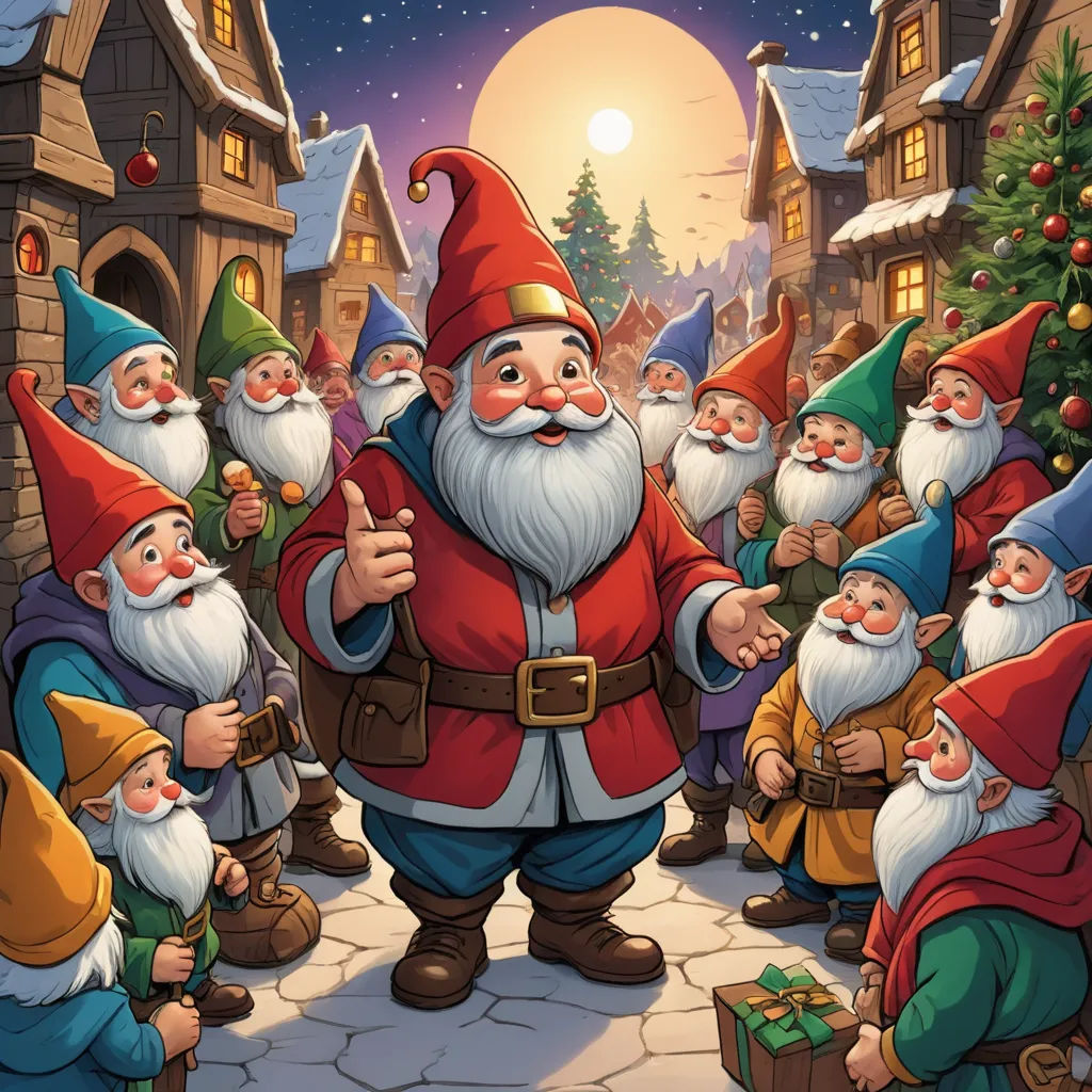 a group of gnomes standing in front of a christmas tree in a village at night with a full moon, antipodeans, a storybook illustration, Avgust Černigoj, hearthstone