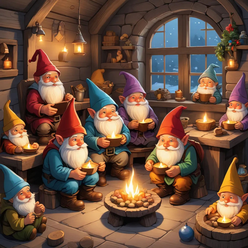 a group of gnomes sitting around a fire in a room with a window and a lit candle in front of them, fantasy art, a storybook illustration, Brothers Hildebrandt, hearthstone