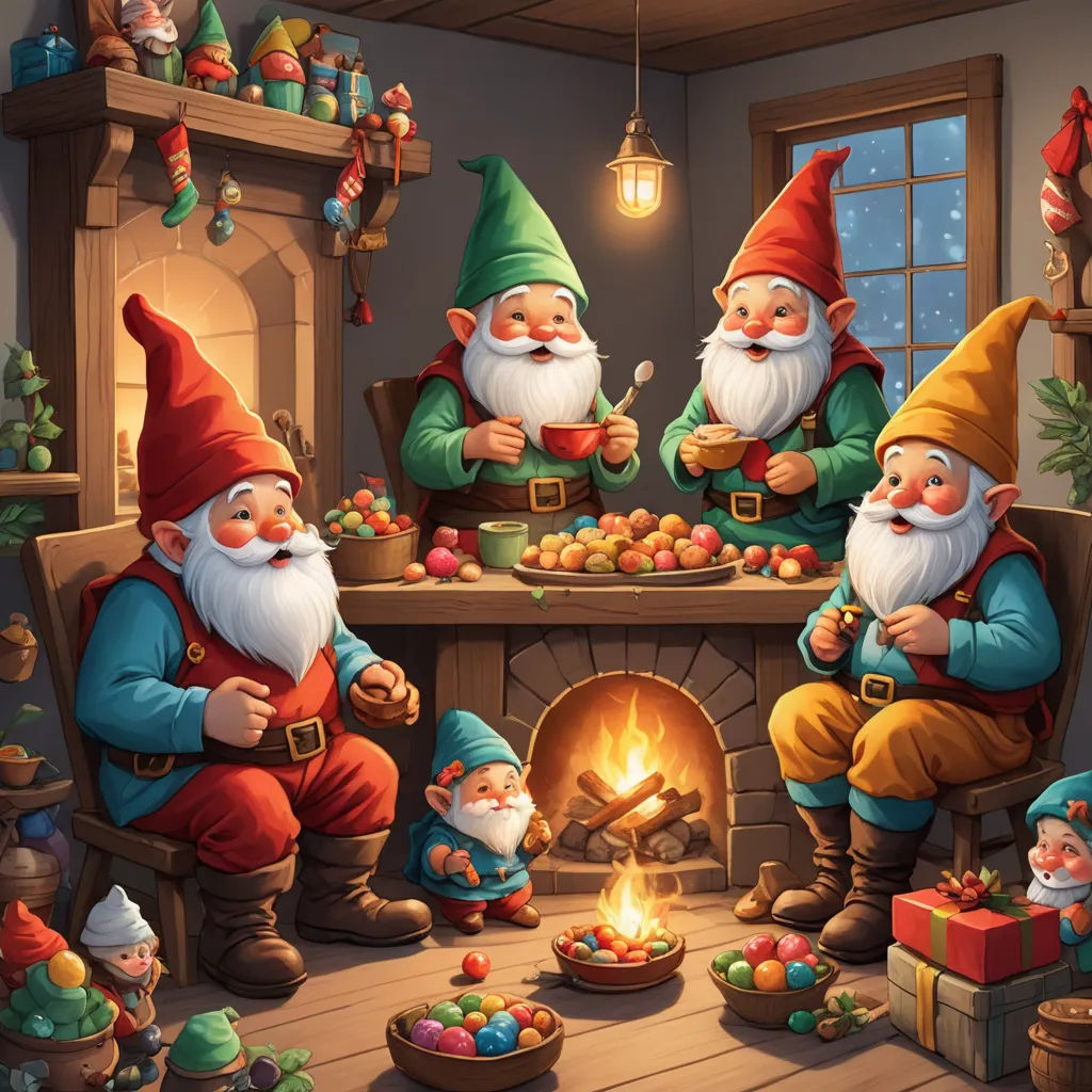 a group of gnomes sitting around a fireplace with a lit candle in their hands and a bowl of fruit in front of them, fantasy art, a storybook illustration, ESAO, hearthstone