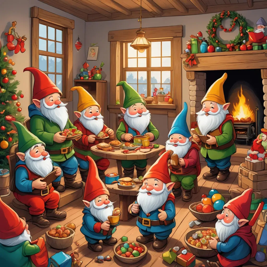 a group of gnomes eating food in a room with a fireplace and christmas tree in the background,, fantasy art, a storybook illustration, Elsa Beskow, hearthstone