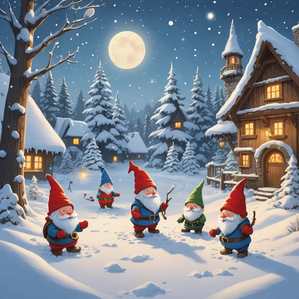 a painting of a group of gnomes in a snowy village at night with a full moon in the sky, fantasy art, a storybook illustration, Anne Stokes, storybook illustration