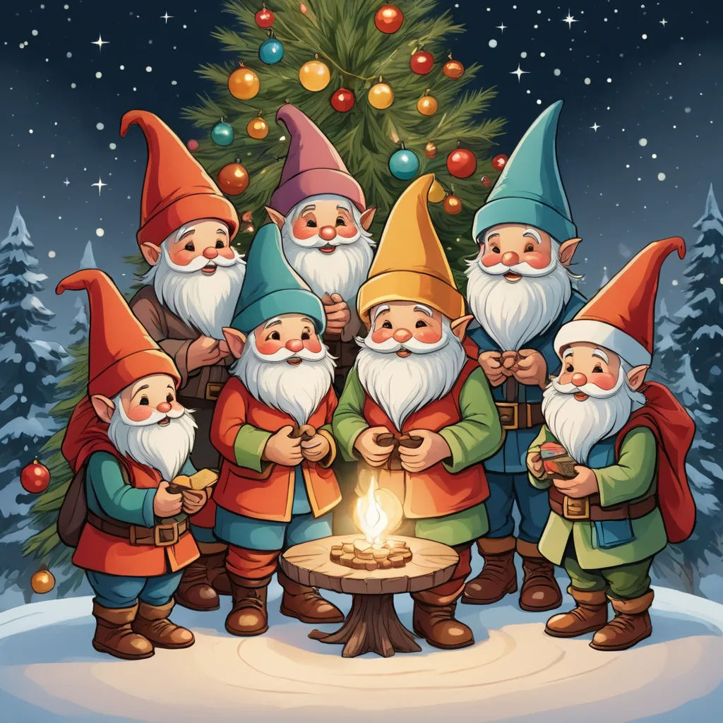 a group of gnomes standing around a christmas tree with a lit candle in front of them illustration by alex krawc, folk art, a storybook illustration, Elsa Beskow, hearthstone